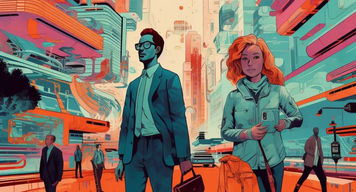 Una ciudad futurista, un hombre con una maleta de negocios y una chica que va al trabajo