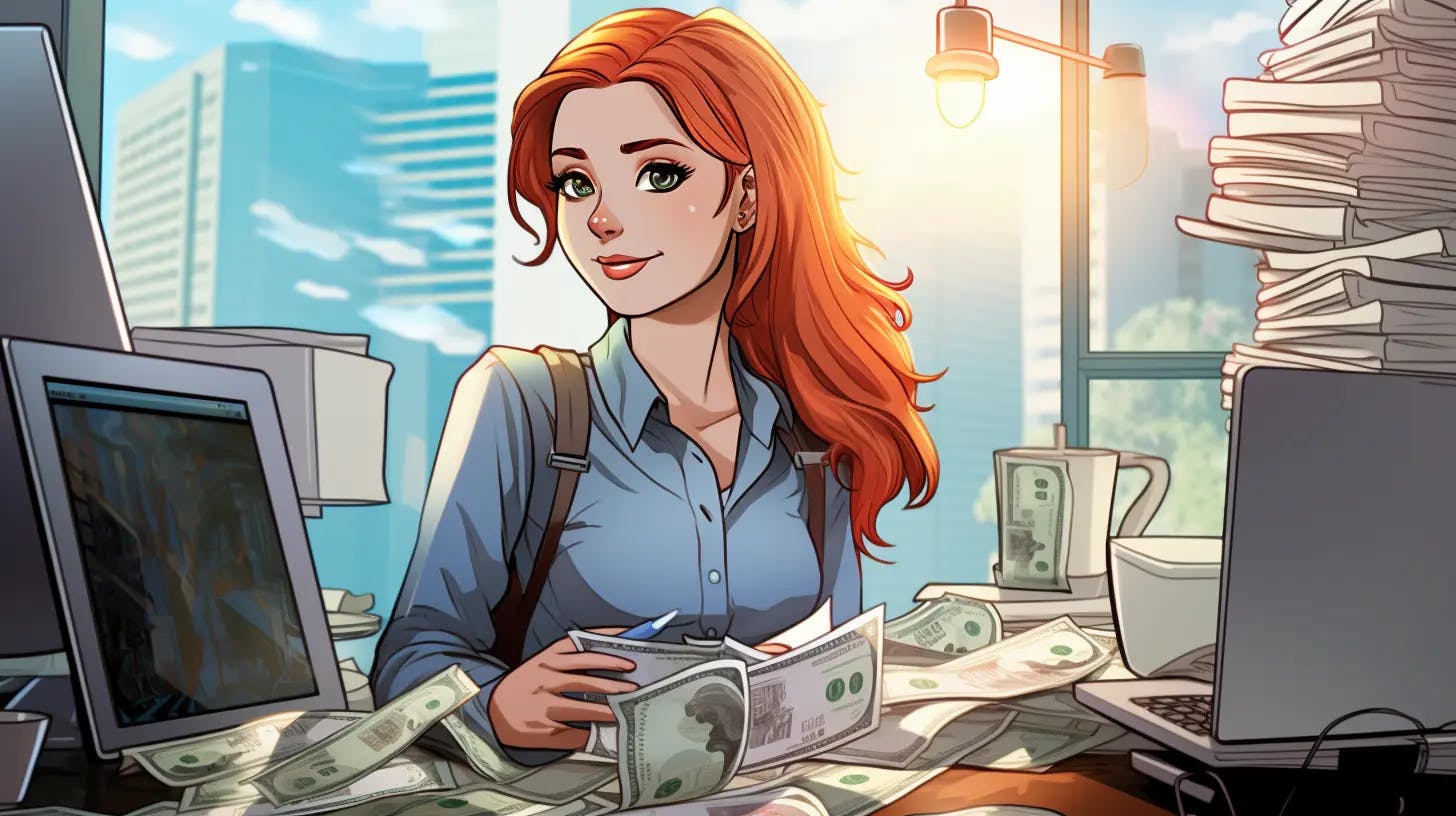 Una chica que parece programadora con muchos billetes encima de su mesa