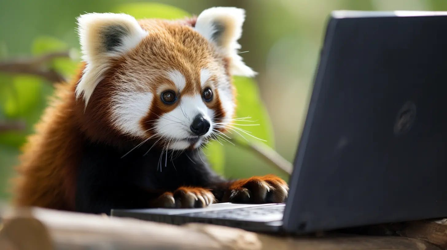 Un panda rojo programando en frente de una laptop