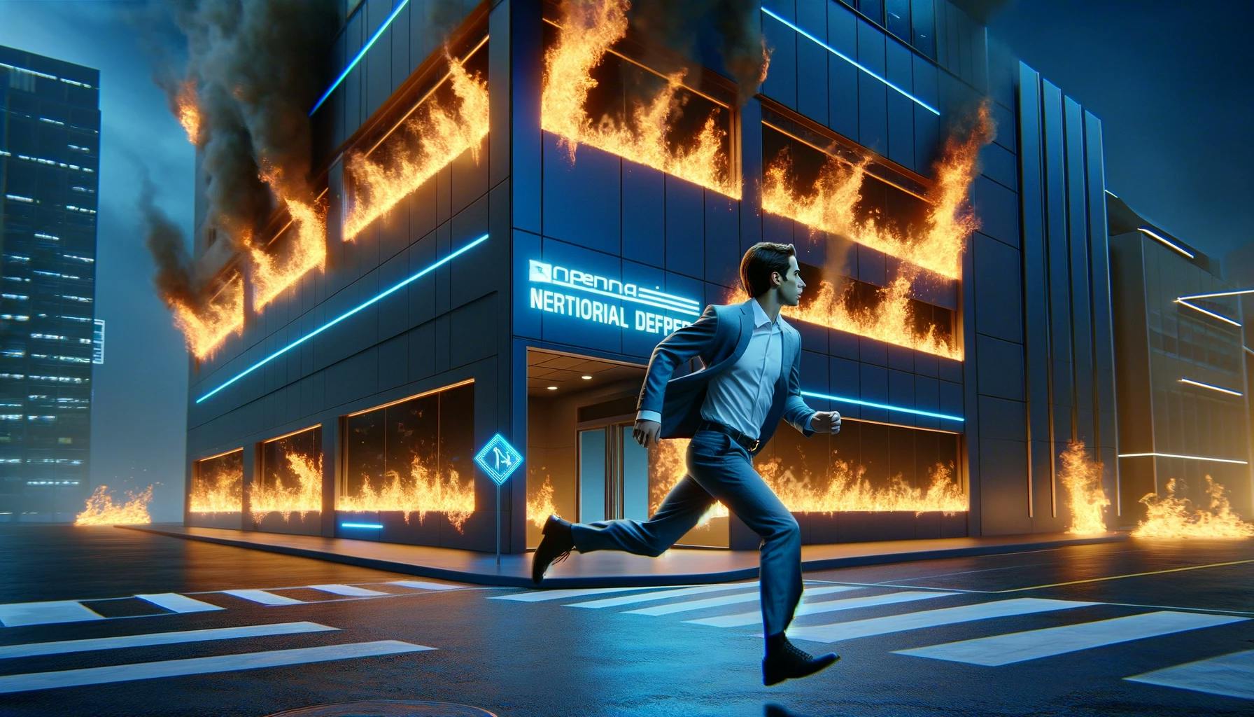 Alguien sale corriendo de las oficinas en llamas de OpenAI