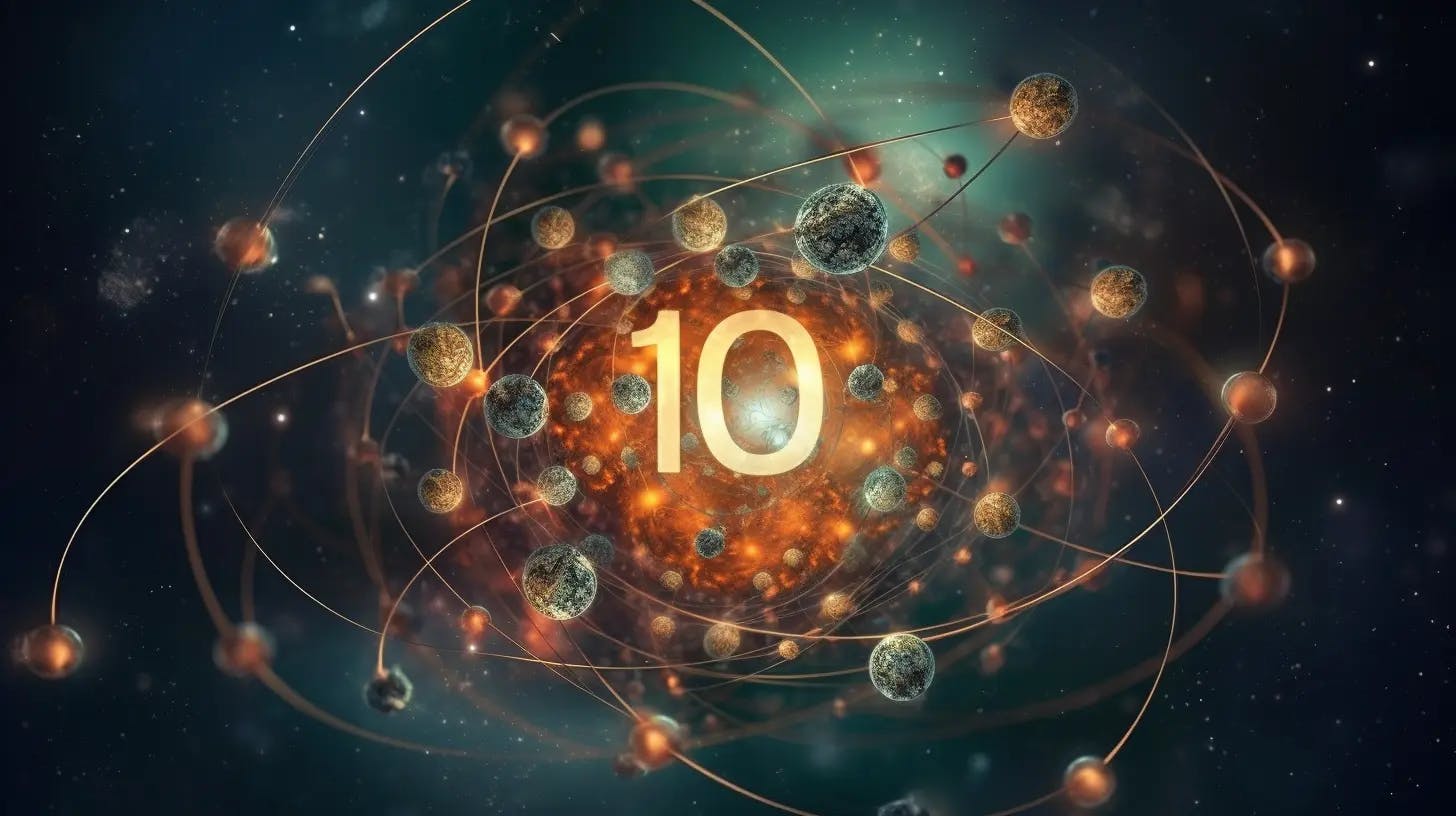 El número 10 rodeado de planetas y estrellas en forma de átomo
