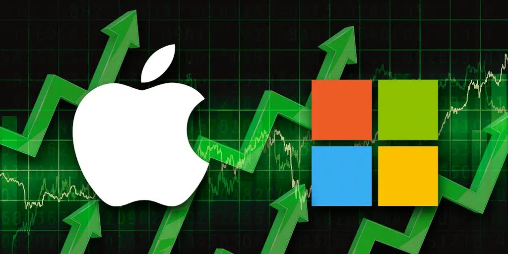Logos de Apple y Microsoft encima de gráficas de acciones de bolsa subiendo