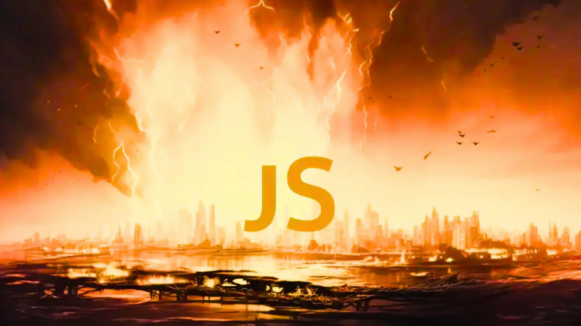 Una ciudad a lo lejos en llamas con las letras JS (de JavaScript) en grande, en el centro