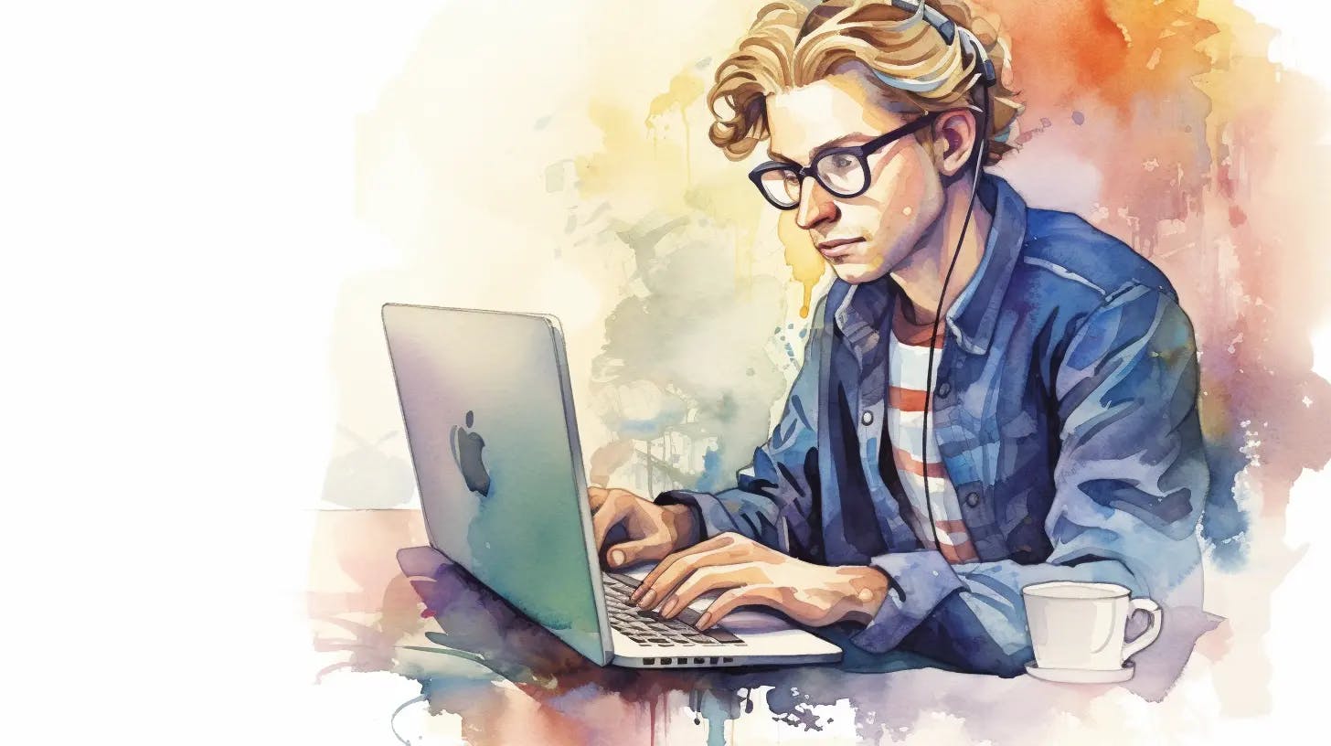Un chico con gafas escuchando música y desarrollando en su portátil