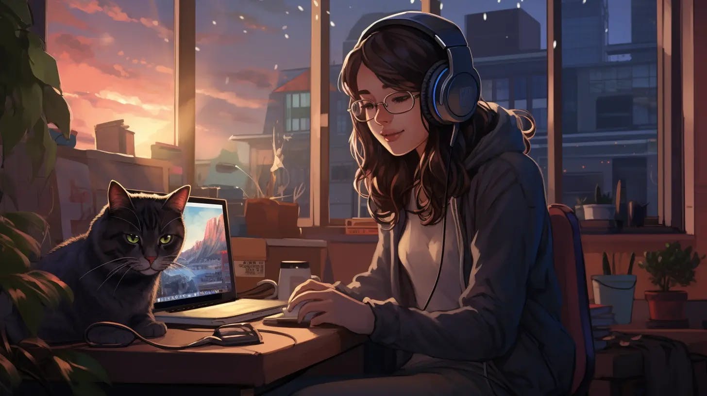 Una chica en una oficina de su casa con su gato, programando en su computadora