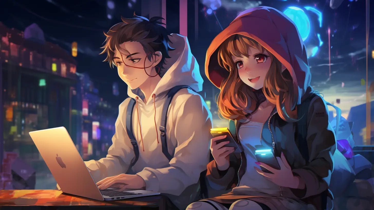 Un chico usando el ordenador y una chica usando el móvil en una ciudad futurista